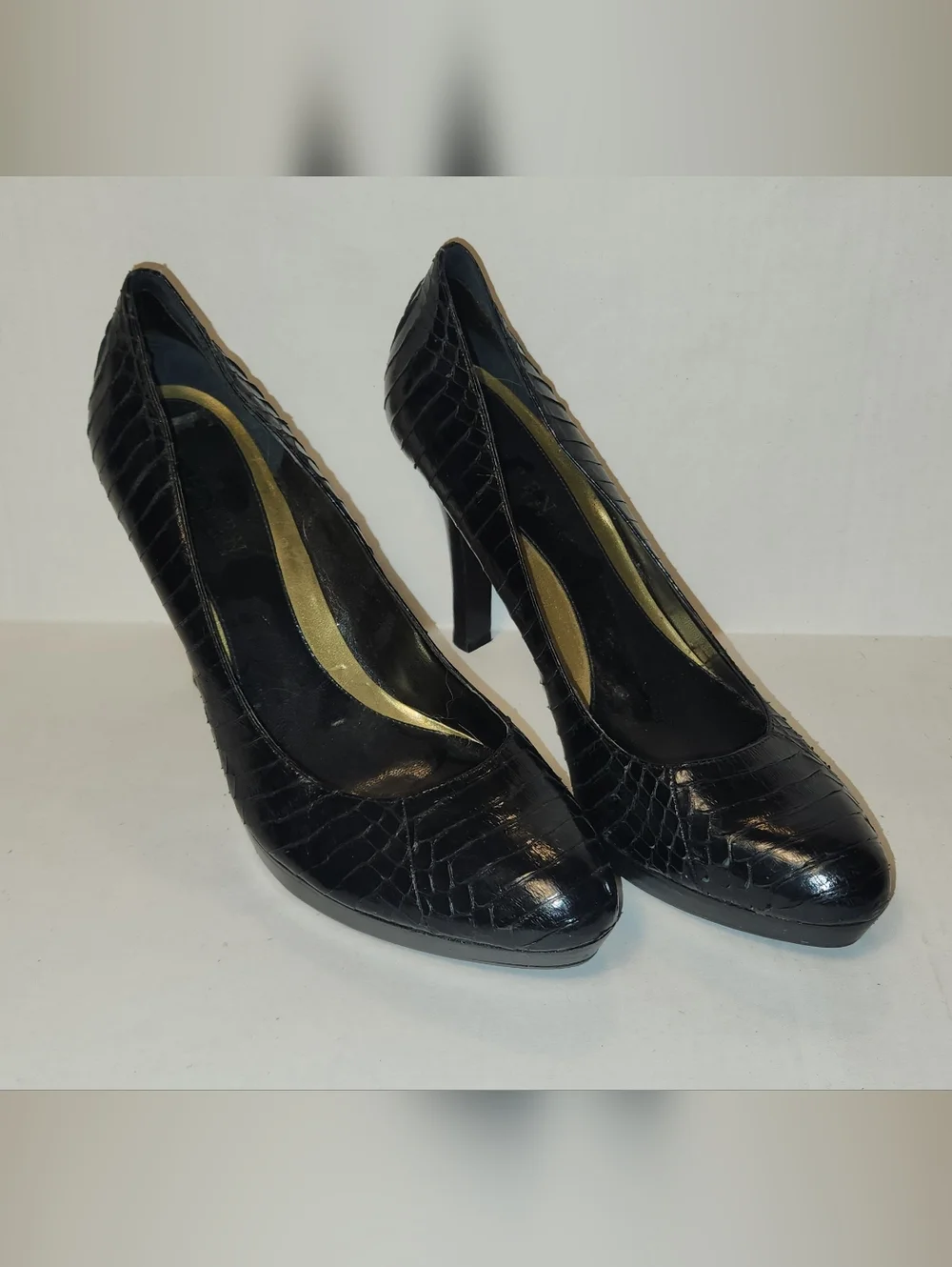Ralph Lauren Kailee Black Snake Skin Snakeskin High Heel Pumps Stilettos 9 EUC